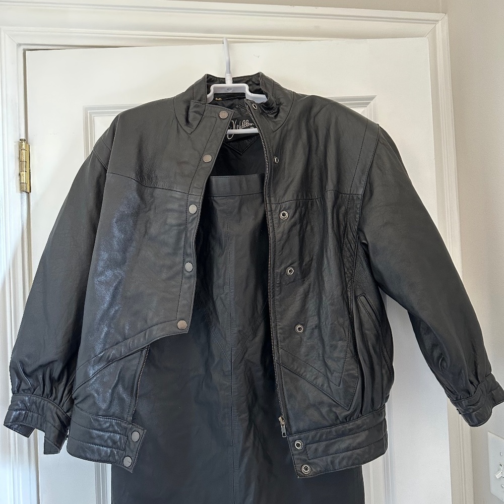 Oversized leather jacket and leather pencil skirt set